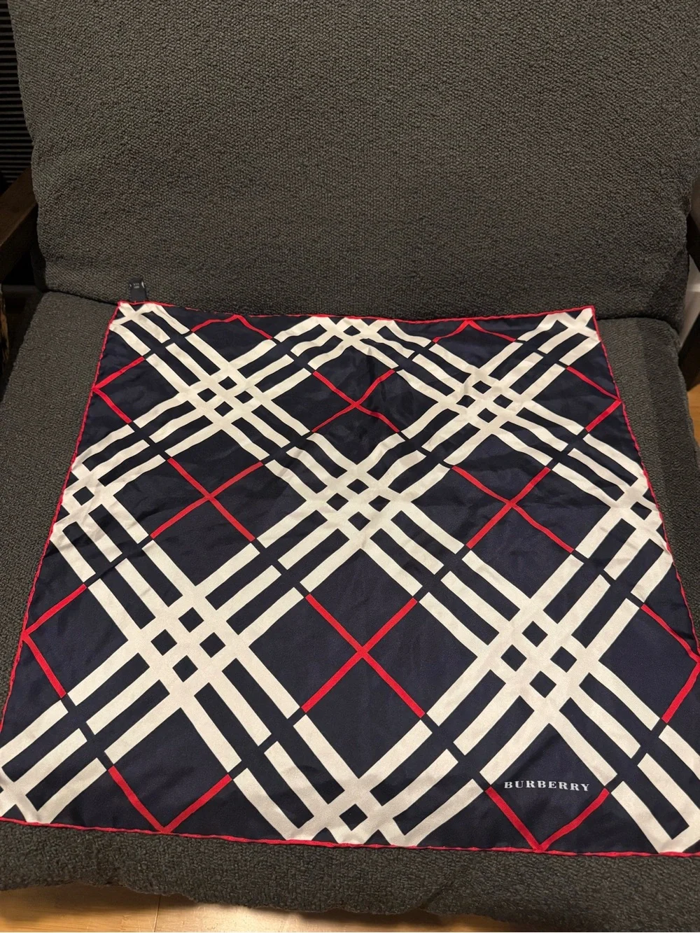 Burberry Navy, White and Red Plaid Silk Scarf